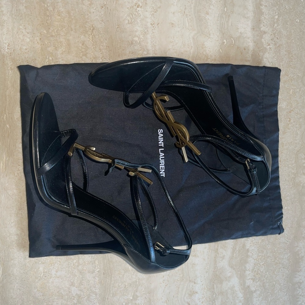 Saint Laurent Black Leather Stiletto Sandals with Gold YSL Logo - Picture 4 of 9